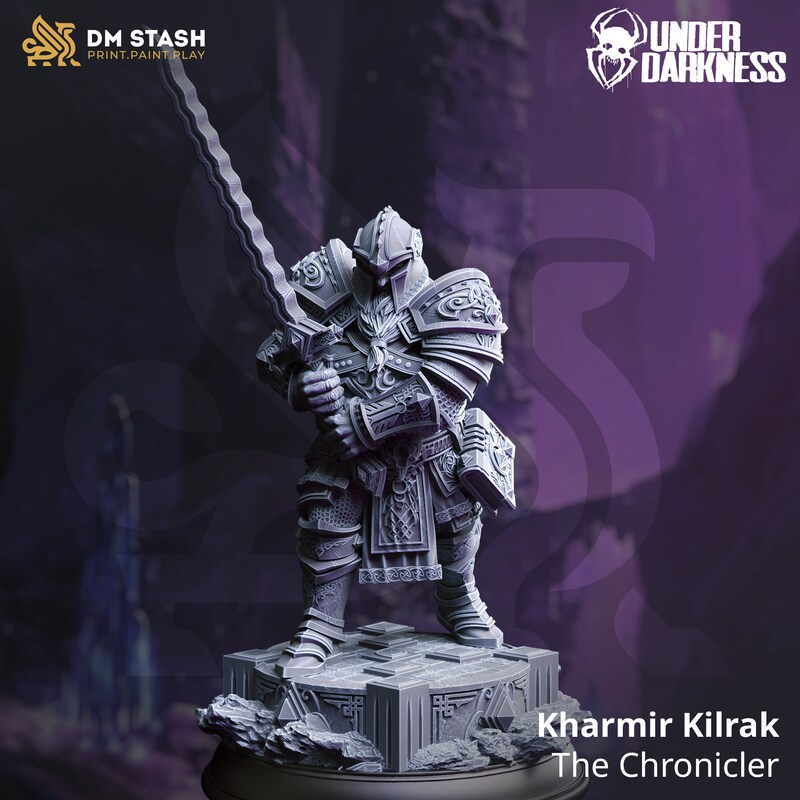 Dwarf Paladin of Lore from DM Stash's Under Darkness set. Total height apx. 47mm. Unpainted resin miniature